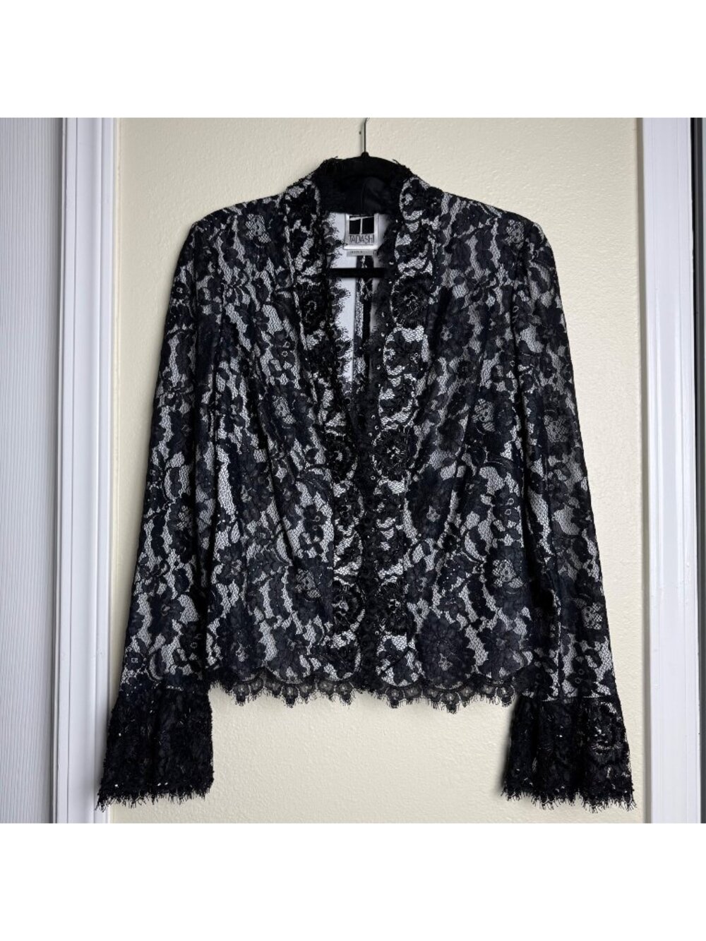 Tadashi Lace Black Floral Jacket Blazer With Beaded Detail Sz 16